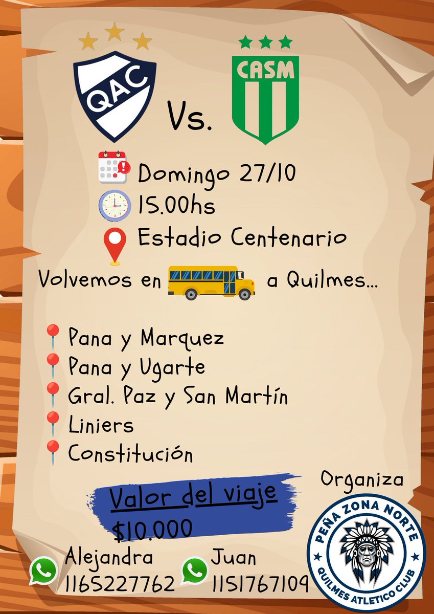 ¡¡Para cerrar el campeonato contra San Miguel... Desde Zona Norte nos vamos en micro a bancar al CERVECERO!!
Valor del pasaje $10.000

📍Pana y Márquez
📍Pana y Ugarte
📍Gral. Paz y San Martín
📍Liniers
📍Constitución 
Consultar por otras paradas..! Escribinos para más info..!