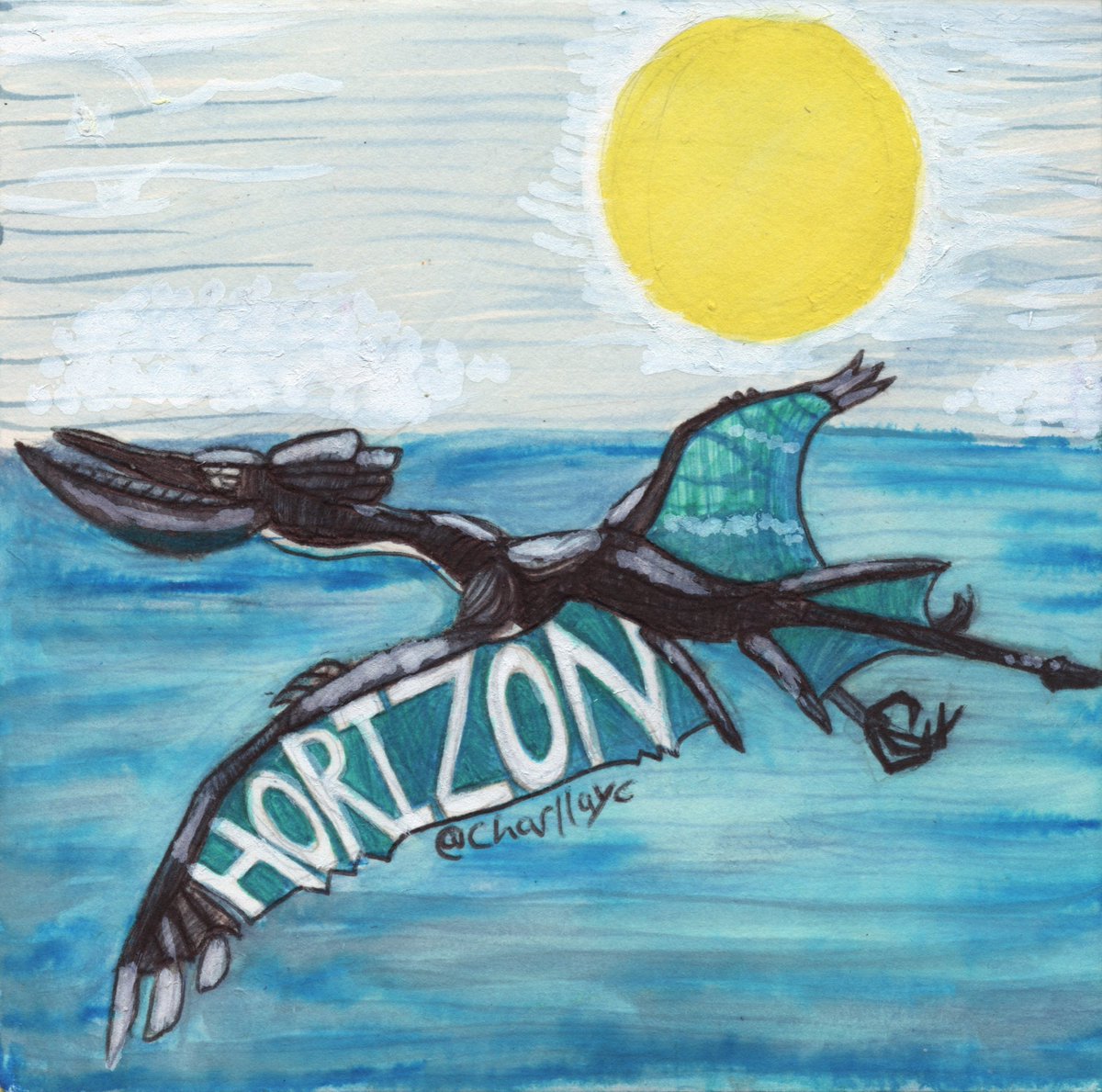 Charllayc's tweet photo. #inktober2024 day 13 Horizon 
Obviously thought of #HorizonForbiddenWest so I drew a waterwing coasting along the sea https://t.co/5tJnEGVVqq