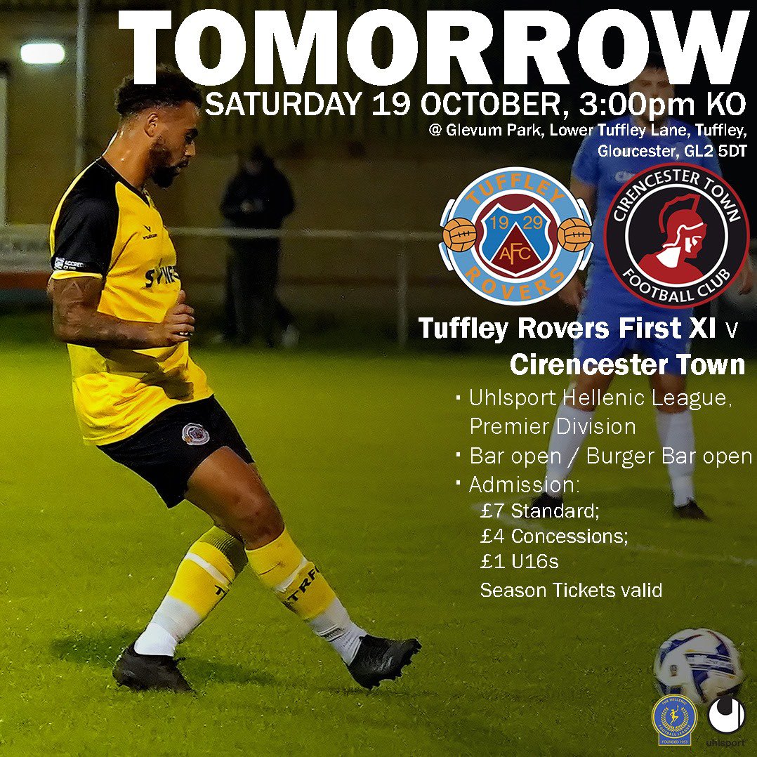 We have <a href="/HellenicLeague/">Hellenic League</a> Premier Division football at Glevum Park tomorrow, as we host <a href="/CirenTownFC/">Cirencester Town FC</a> in a 3pm KO.

It promises to be another Tuff afternoon but can we secure a result? We’d love a healthy support to back the lads!

#uptherovers