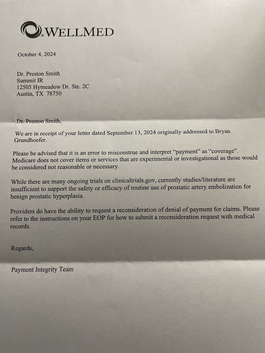 #PAE not covered by WellMed UHC Medicare Advantage plan in Texas. PSA to all patients and providers. Timely news before the new year… #BPH #prostate