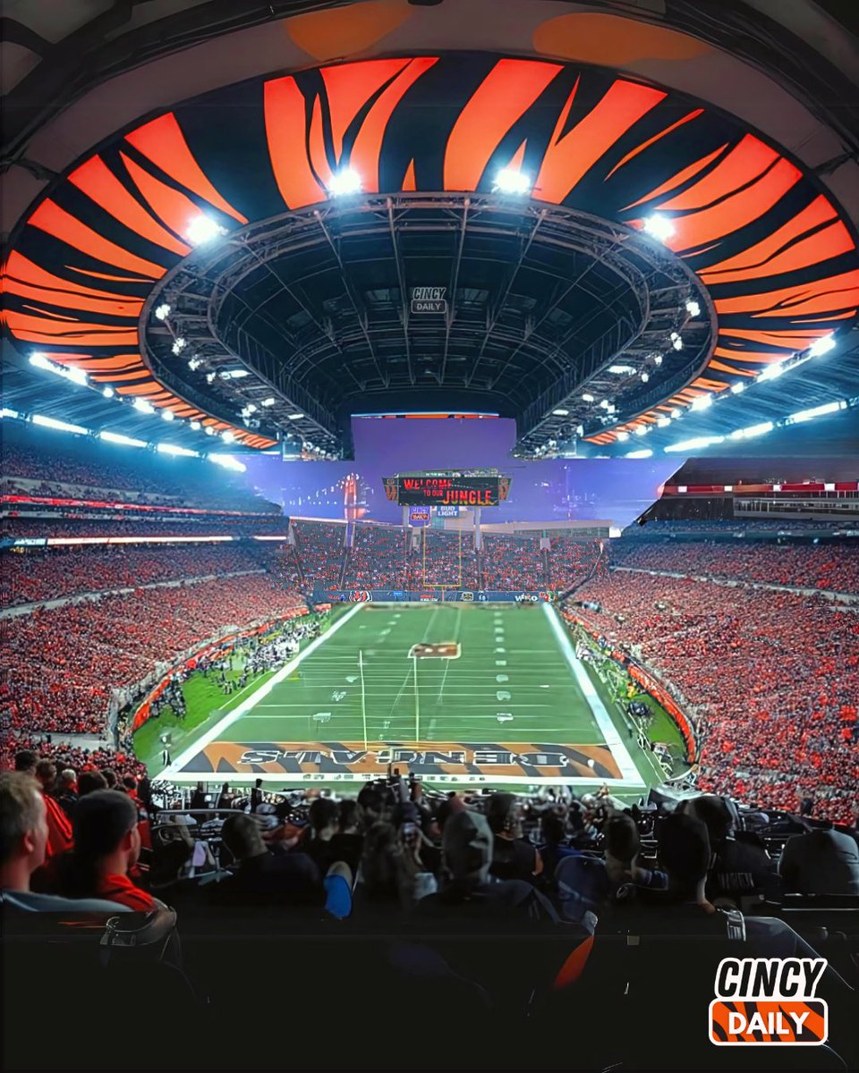 getcincydaily's tweet photo. Future Home of the Bengals: The Cincy Dome. 

Featuring a state-of-the-art, stadium-wide ceiling LED and an immense retractable, tempered-glass wall revealing familiar views of the Ohio river and the Roebling Suspension Bridge.

#cincinnatibengals #bengals #cincydome #cincydaily https://t.co/3URw1dojqT