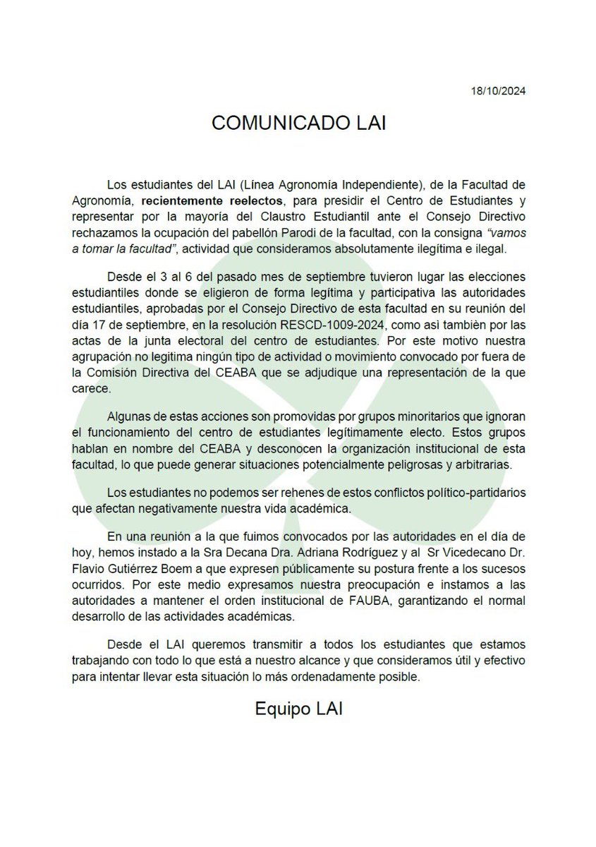 Comunicado oficial con respecto a la situación que estamos atravesando en nuestra querida FAUBA.