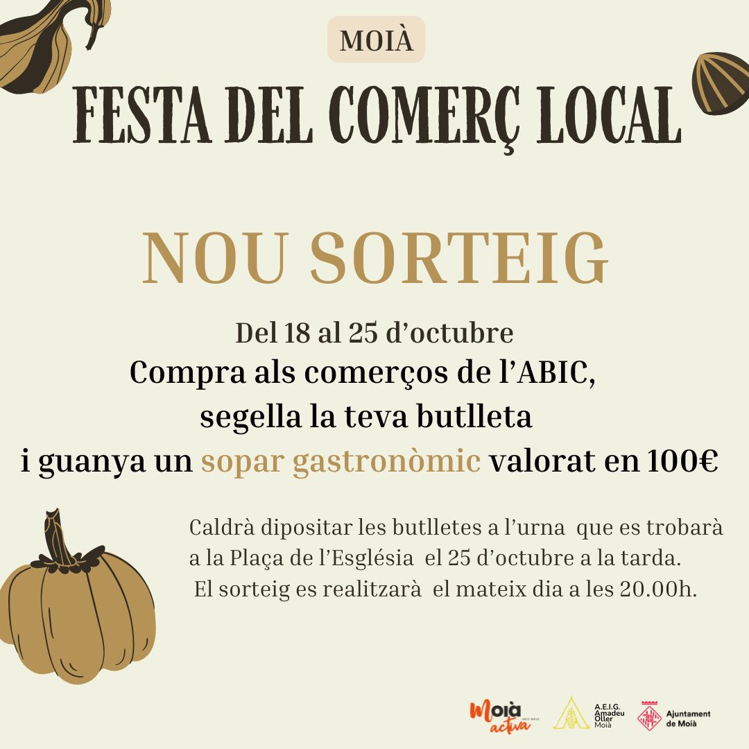 Iniciem una nova campanya: 
Participa dels tallers infantils,  fes-te una foto al photocall i etiqueta'ns a <a href="/abicmoia/">Abic Moià</a>.
A més, comprant als comerços locals podràs participar en un sorteig!

#abicmoia #moia #festacomerçlocal #tallersinfantils #sorteig #campanyatardor