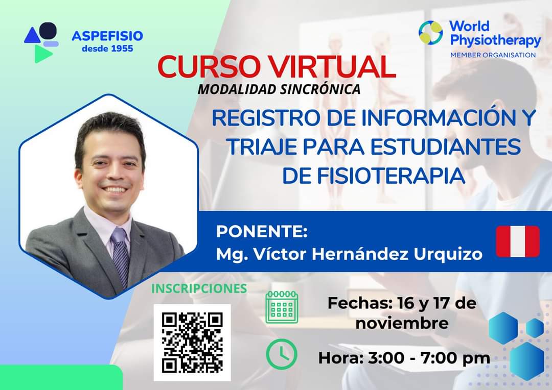 𝑪𝑼𝑹𝑺𝑶
REGISTRO DE INFORMACIÓN Y  TRIAJE PARA ESTUDIANTES DE FISIOTERAPIA
👨🏻‍🏫 Mg. Víctor Hernández Urquizo
💻 Modalidad Virtual Sincrónica
🗓️ 16 y 17 de noviembre
⏰ 3:00 pm - 7:00 pm 
🔗 𝙇𝙄𝙉𝙆 𝘿𝙀 𝙄𝙉𝙎𝘾𝙍𝙄𝙋𝘾𝙄𝙊́𝙉
forms.gle/P73r6FuHaa8gan…