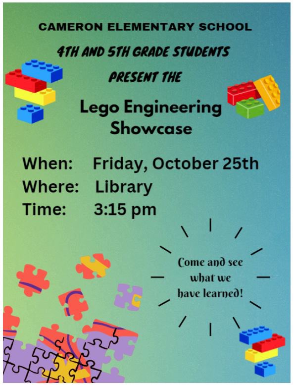 CameronWCUSD's tweet photo. Please join us for our Lego Engineering Showcase! Our Lego Engineering students have been working hard, thinking critically, and having fun! We can’t wait for you all to see what they’ve been working on! https://t.co/yds16EwAAG