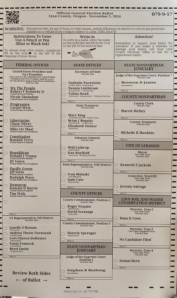 KristyTallman's tweet photo. Coming Full Circle: The Oregon Ballot shows both Trump and Vance on ballot. This is my official ballot from Oregon. Now, Time to Vote Out The Democrats!!!!

#VoteForChange #Election2024 #VoteOutDemocrats #PoliticalShift #ChangeIsComing #VoteResponsibly #MakeYourVoiceHeard #TimeForNewLeadership #ElectionDay #KristyTallman