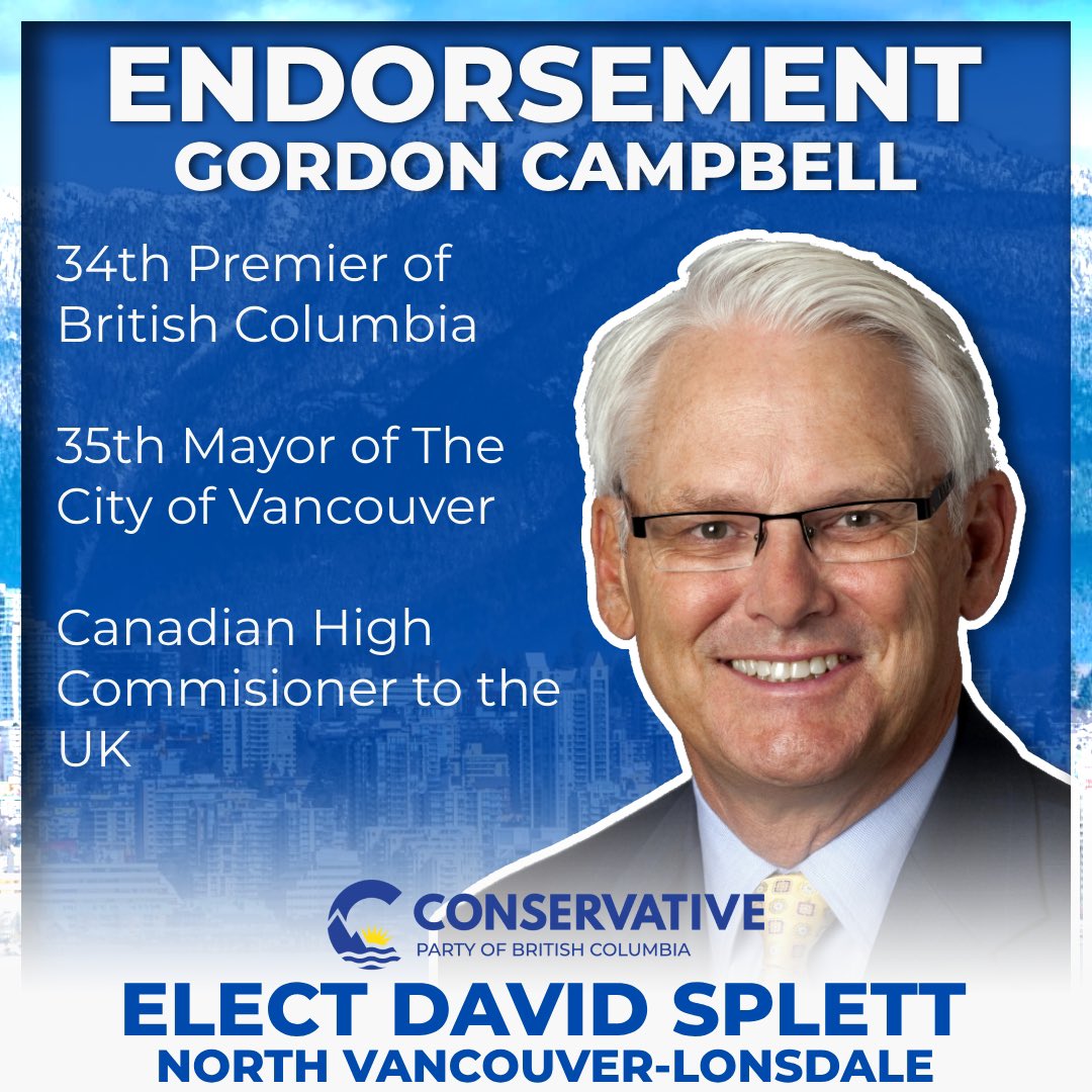 DSplett4BC's tweet photo. I’m truly honoured to have the endorsement of former Premier Gordon Campbell. His leadership and vision for B.C. inspire me to fight for positive change and bring common-sense government back to our province. Together, we can build a stronger, brighter future for everyone. #bcpoli