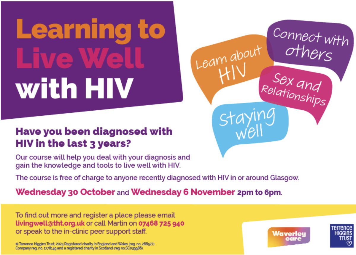 BrownleeHIV's tweet photo. Terrence Higgins Trust (THT) together with Waverley Care Trust are running a course for those recently diagnosed with HIV. Learning to Live Well with HIV. Contact livingwell@tht.org.uk or 07468 725 940 to register or for more info. rw https://t.co/ZbTlBeV75w