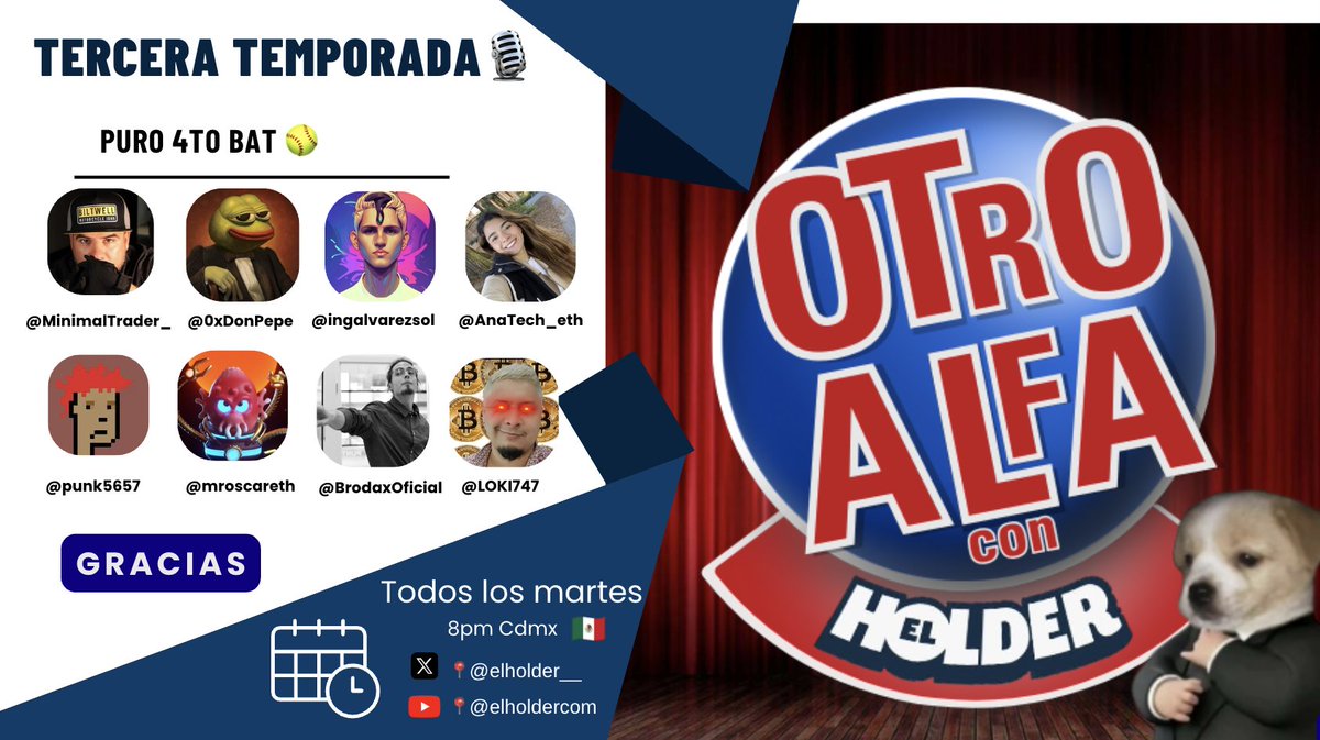 Gm Holders,

Esta semana cerramos la 3era temporada de Otro Alfa con El Holder🎙️

Muchas gracias a nuestros invitados <a href="/MinimalTrader_/">Aleex Minimal</a> <a href="/0xDonPepe/">Don Pepe</a> <a href="/ingalvarezsol/">ingalvarez.sol⚡️⚛️</a> <a href="/AnaTech_eth/">Ana Belén</a>  @punk5657 <a href="/mroscareth/">MrOscar.eth / Ethereans 👾</a> <a href="/BrodaxOficial/">Broda𝕏Øficial🇨🇭🇪🇸</a> @LOKI747 por tanto conocimiento que aportaron a la audiencia🧠📈