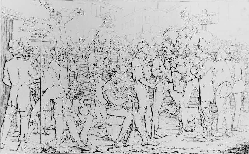 "Enlistment of Sickles' Brigade, N.Y." by pro-Confederate illustrator Adalbert Volck. This 1863 image seeks to portray Union rank and file from New York as the dregs of society, drawn from places like the Five Points. Many of Sickles' Excelsior Brigade were Irish. #IrishDiaspora