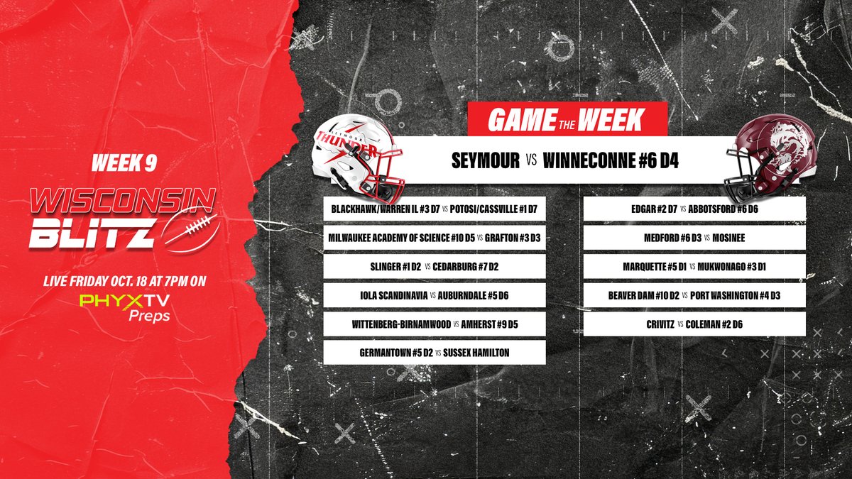 PHYXTVpreps (@phyxtvpreps) on Twitter photo Tonight on PHYXTV Preps at 7PM!
๐ Seymour ๐ Winneconne
๐ BlackHawk/Warren ๐ Potosi-Cassville
๐ Wisconsin Blitz!!
๐บ RokuTV | AppleTV | FireTV
๐ฒ Apple | Android Tonight on PHYXTV Preps at 7PM!
๐ Seymour ๐ Winneconne
๐ BlackHawk/Warren ๐ Potosi-Cassville
๐ Wisconsin Blitz!!
๐บ RokuTV | AppleTV | FireTV
๐ฒ Apple | Android