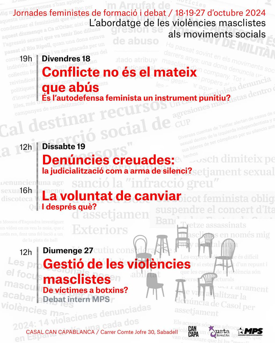 Arranquen amb les Jornades #Feministes de formació i debat del <a href="/MPSabadell/">Moviment Popular de Sabadell</a>
18•19 i 27 d'Octubre al #casal <a href="/cancapablanca/">Can Capablanca</a> de #Sabadell 

🟣 Pedagogia o càstig 
- Conflicte no és el mateix que abús: És l'autodefensa feminista un instrument punitiu?