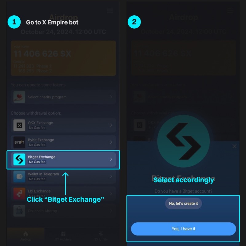 bitget's tweet photo. How to deposit $X to #Bitget with 0 gas fees? 🆓
Here’s how👇
1️⃣Go to X Empire bot and select “Bitget Exchange” deposit
2️⃣Check details in the Bitget app
3️⃣Enter UID & deposit address
Deposit now👇
#XListBitget