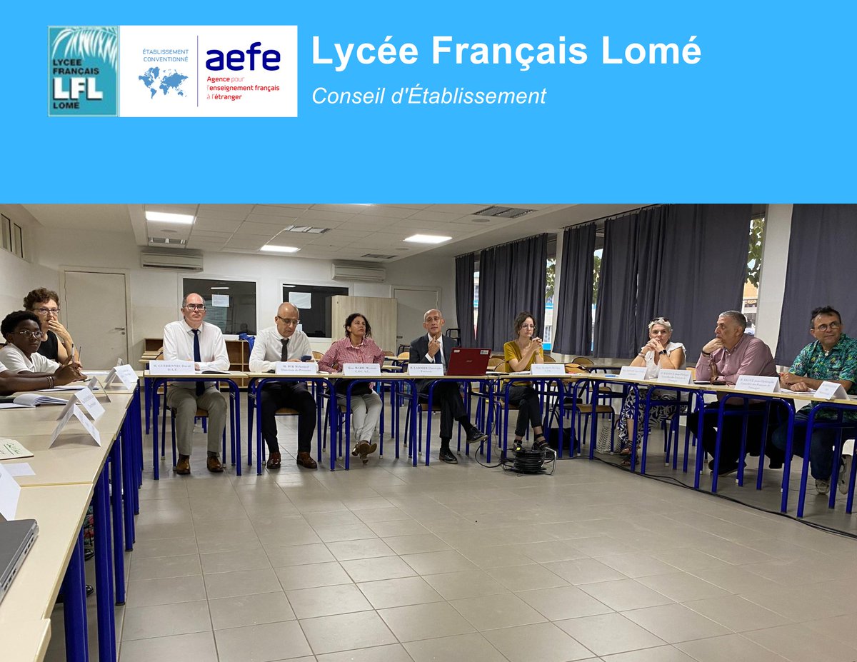lfl_tg's tweet photo. Le Conseil d’établissement du Lycée Français de Lomé a tenu sa première réunion de 2024-2025 le 17 octobre 2024.

Il a notamment abordé le bilan de la rentrée scolaire et validé le projet d’école et le projet d’établissement 2024-2027.

Bonnes vacances à tous ! https://t.co/peI95Qii9T