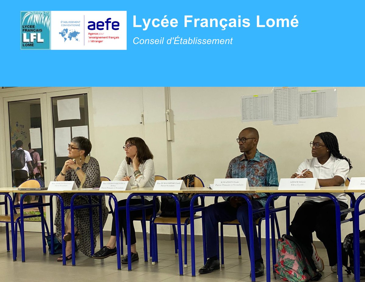 lfl_tg's tweet photo. Le Conseil d’établissement du Lycée Français de Lomé a tenu sa première réunion de 2024-2025 le 17 octobre 2024.

Il a notamment abordé le bilan de la rentrée scolaire et validé le projet d’école et le projet d’établissement 2024-2027.

Bonnes vacances à tous ! https://t.co/peI95Qii9T