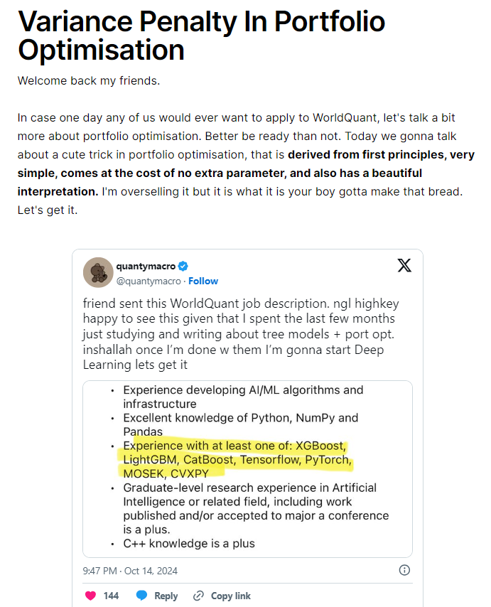 quantymacro's tweet photo. Variance Penalty In Portfolio Optimisation

I never studied optimisation properly, so I try to write about portfolio optimisation in a way that's approachable for audience who also might not have the proper background

as usual giving access to some who RT