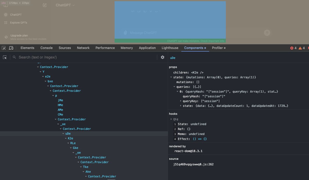 ChatGPT screenshot with React Devtools open, showing the HydrationBoundary component that has a serialized query