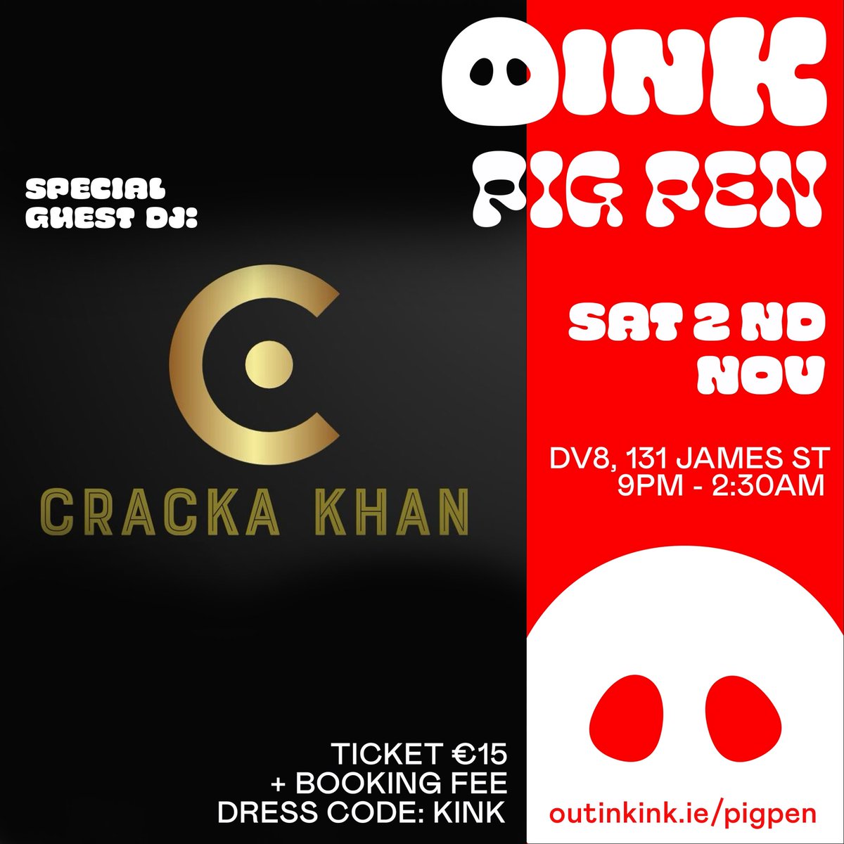 OutInKink's tweet image. We are welcoming back DJ Cracka Khan to spin the spooky decks at our Pig Pen November event 🐷

So let’s tango with the spirits! 👻

Saturday November 2nd 
DV8 venue 
9pm-2:30am

Full bar, dj, dance floor, play areas, private smoking area, cloakroom. 

OutinKink.ie/Pigpen