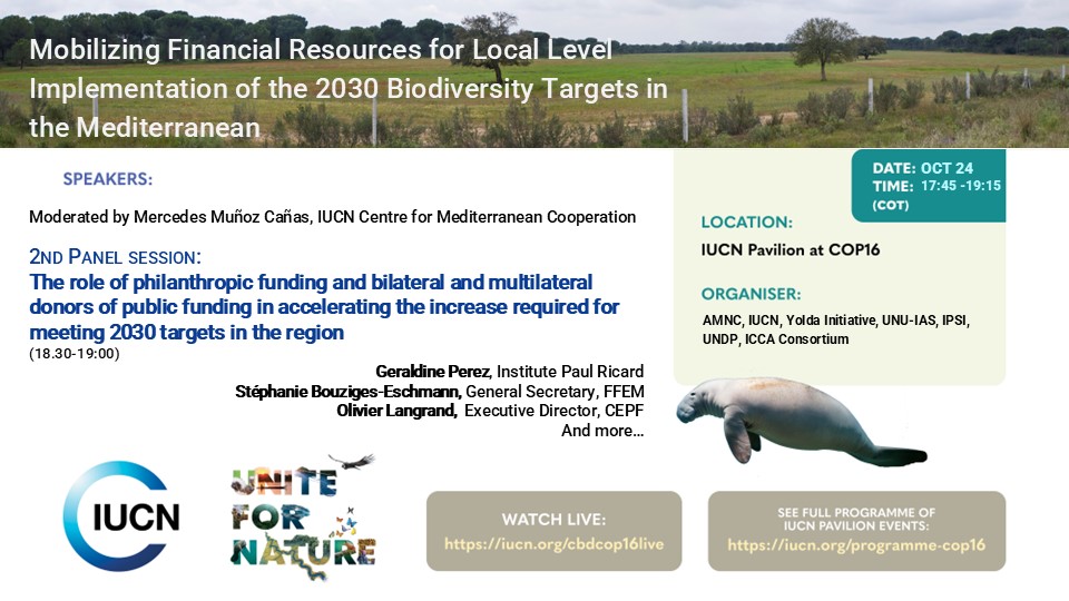 Are you at #COP16Colombia?? Join <a href="/IUCN/">IUCN</a> to explore financial resources for local implementation towards 2030 Biodiversity Targets and learn from Mediterranean and other parts of the world.
🕔24Oct-17:45-19:15 hrs (COT)
🌀IUCN Pavilion
🌍lnkd.in/erTne4cF - check local time!