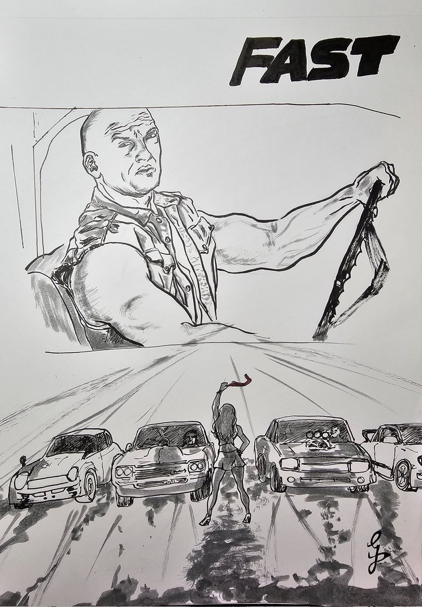 Day 18 - Drive 

( Mostly ) Bald headed men drive fast cars furiously, sometimes in space ? 😜

#inktober #inktober2024 #fastandfurious