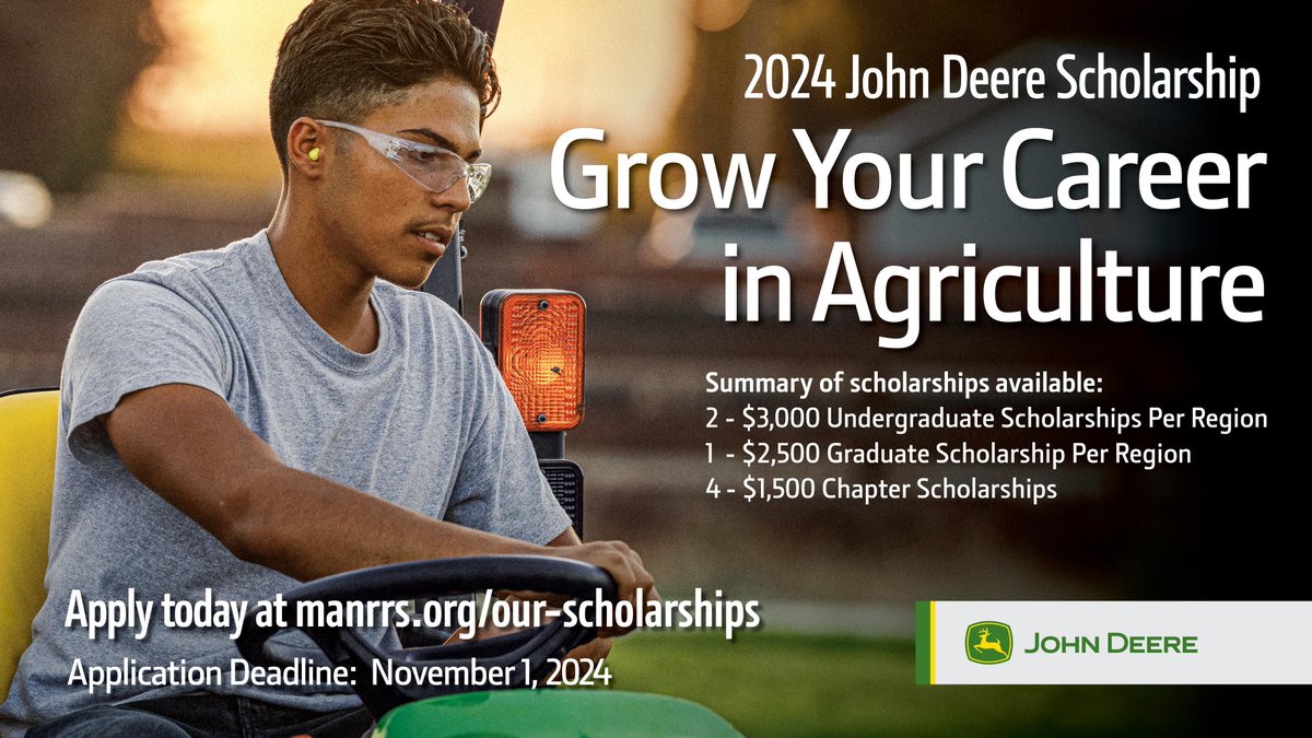 🚨 Time's running out! Apply now for the 2024 John Deere Scholarship. 
Don't miss out on these amazing opportunities and a chance to grow your agricultural career! 🌱 Deadline to apply is November 1st. #MANRRS