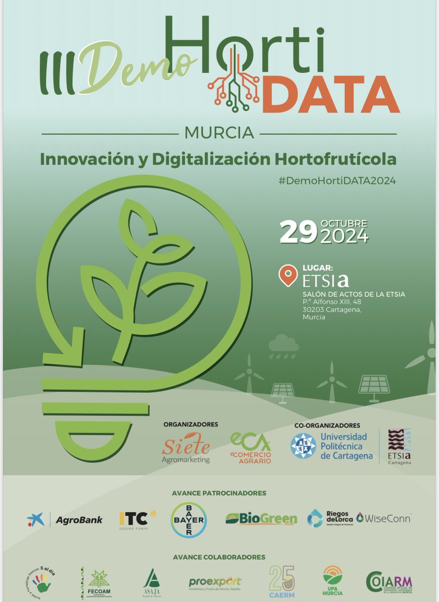 MarianoIngenier's tweet image. #DemoHortiDATA2024 Abiertas las inscripciones para la III Demo HortiDATA 💡COIARM Colegio Oficial Ingenieros Agronomos de la Región de Murcia colabora con este foro organizado por SIETE AGROMARKETING CULTURAL SL.