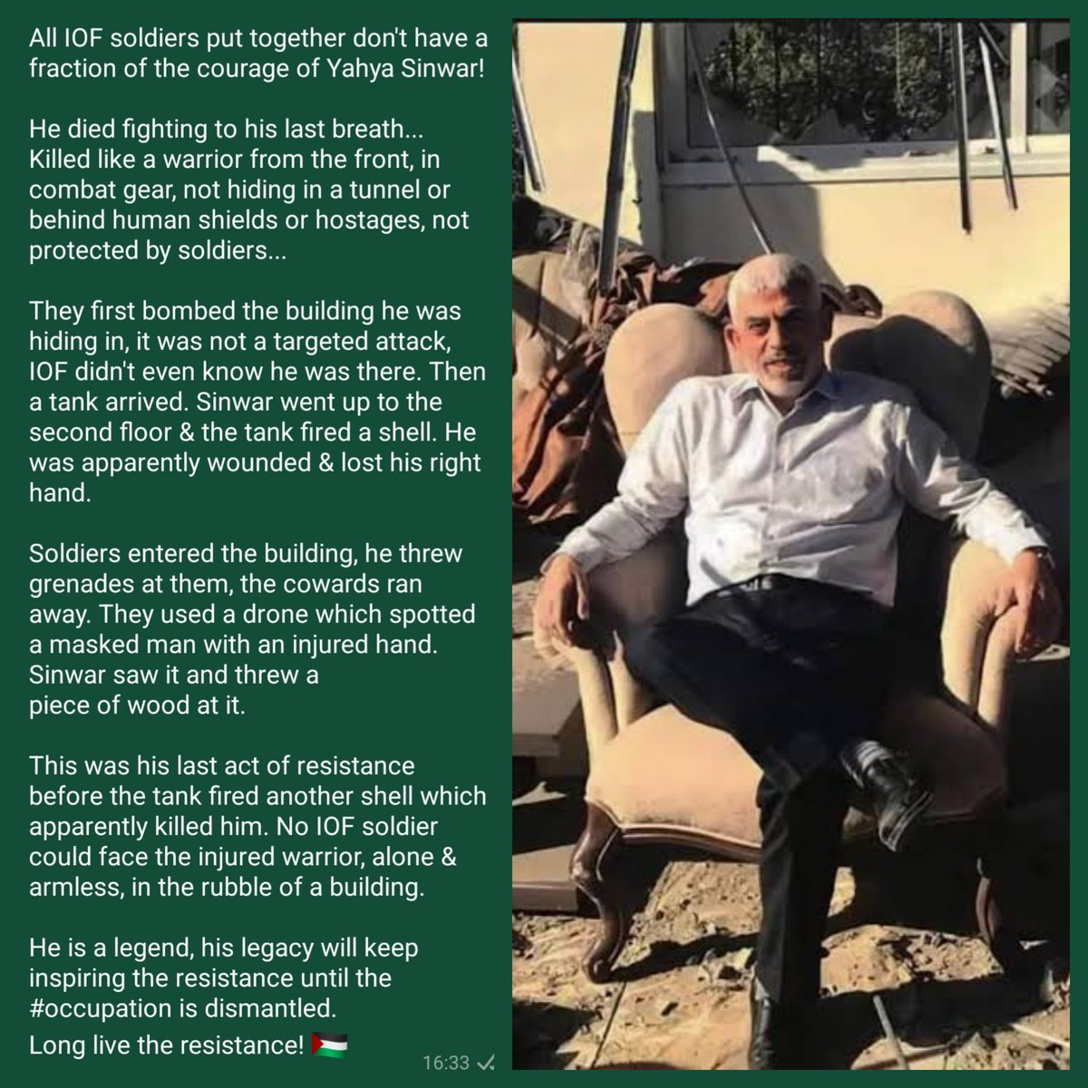 Saman โค๏ธ๐ค๐ค๐ (@samanahsan) on Twitter photo <a href="/SuppressedNws/">Suppressed News.</a> <a href="/Hedgesgurl/">Berniegirl No More</a> #YahyaSinwar, legend of the resistance! ๐๐ผ๐๐ผ๐๐ผ
Kill one #Sinwar, a thousand more will be born! ๐๐๐
Long live resistance!
It will not stop until the #occupation is dismantled.
#FreePalestine ๐ต๐ธ๐ต๐ธ๐ต๐ธ <a href="/SuppressedNws/">Suppressed News.</a> <a href="/Hedgesgurl/">Berniegirl No More</a> #YahyaSinwar, legend of the resistance! ๐๐ผ๐๐ผ๐๐ผ
Kill one #Sinwar, a thousand more will be born! ๐๐๐
Long live resistance!
It will not stop until the #occupation is dismantled.
#FreePalestine ๐ต๐ธ๐ต๐ธ๐ต๐ธ