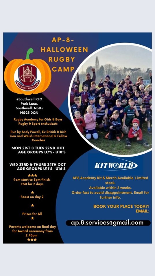 Southwell Rugby Club (@southwellrugby) on Twitter photo Hi all π
AP8 Academy <a href="/ap8academy/">@AP8academy</a> starts at Southwell next week
Monday 21st U7- U10
Tuesday 22nd U7-U10
βοΈβοΈβοΈβοΈβοΈ
Wednesday 23rd U11- U16
Thursday 24th U11-U16
Thereβs still plenty of spaces for anyone wanting to book on.
Email: ap.8.services@gmail.com ππππ Hi all π
AP8 Academy <a href="/ap8academy/">@AP8academy</a> starts at Southwell next week
Monday 21st U7- U10
Tuesday 22nd U7-U10
βοΈβοΈβοΈβοΈβοΈ
Wednesday 23rd U11- U16
Thursday 24th U11-U16
Thereβs still plenty of spaces for anyone wanting to book on.
Email: ap.8.services@gmail.com ππππ