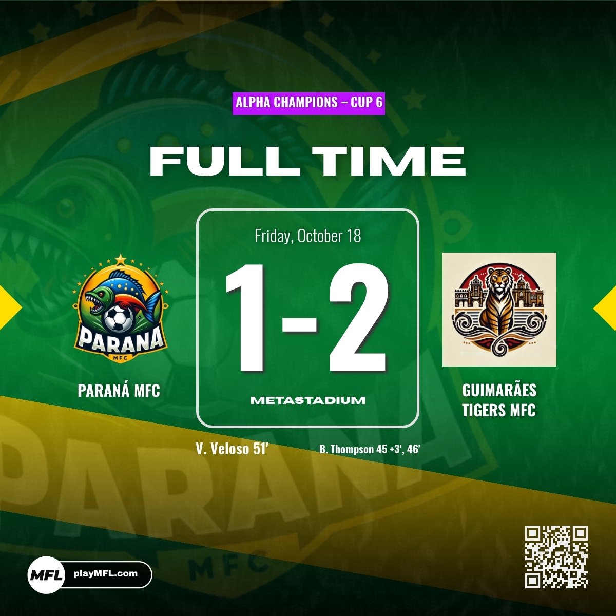 ParanaMFC's tweet photo. ALPHA CHAMPIONS ROUND OF 32 - We're knocked out of the competition with a 2-1 defeat against Guimarães Tigers MFC! 🐟 #ParaNaTion https://t.co/NAroCHnvVB