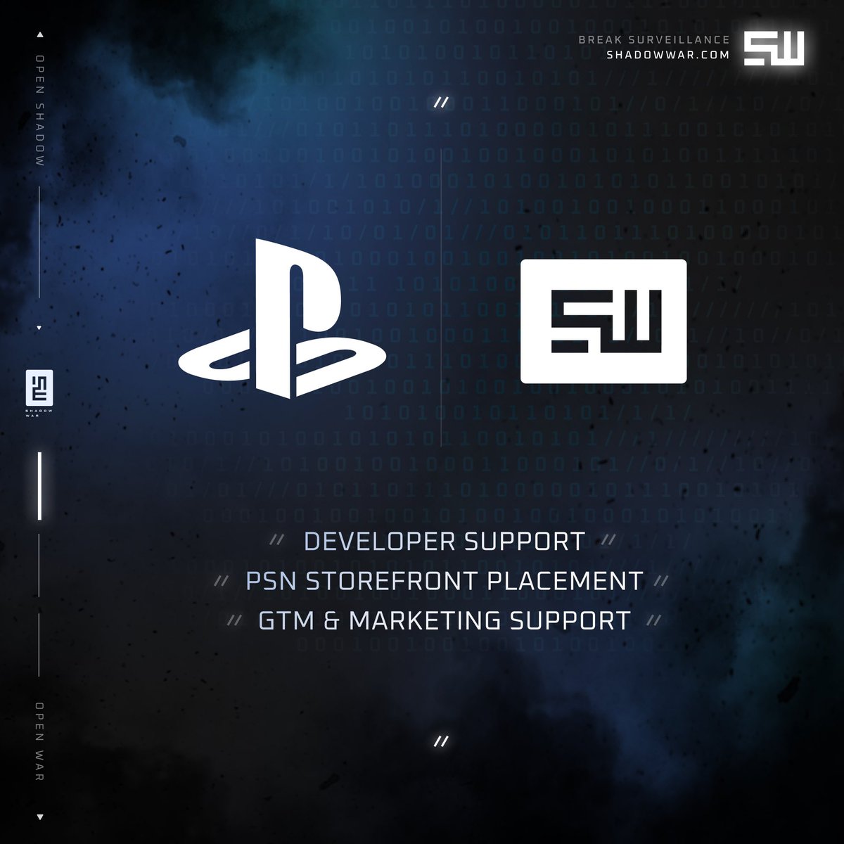 🚀 Sony Interactive and PlayStation

🧐 What does it mean for SHADOW WAR

✅ Access to Sony Devkits and Testing kits
✅ GTM support and connects in the wider web2 space
✅ Publishing enabled on the PlayStation Store

See you in game 🎮
