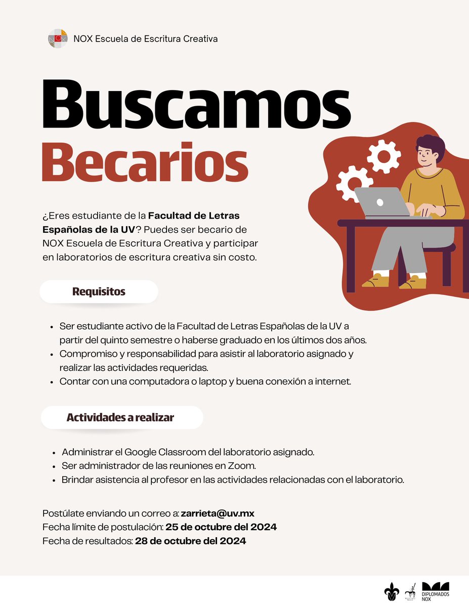 📚 Si eres estudiante o recién egresado de la Facultad de Letras Españolas de la Universidad Veracruzana puedes ser becario de NOX y tomar alguno de nuestros laboratorios sin costo.

🌟 ¡Postúlate antes del 25 de octubre!

Laboratorios disponibles: escuelanox.com/laboratorios/