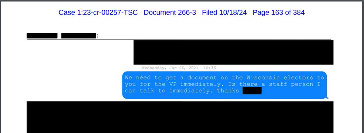 jamiedupree's tweet photo. This was the first text cited on page 163 of Vol 4 of the Appendix.  The text was sent by Wisconsin GOP lawyer Jim Troupis to Sen. Ron Johnson R-WI, asking for Johnson's help on Jan. 6 to get fake elector documents to Pence. https://t.co/wGt5qBGkga