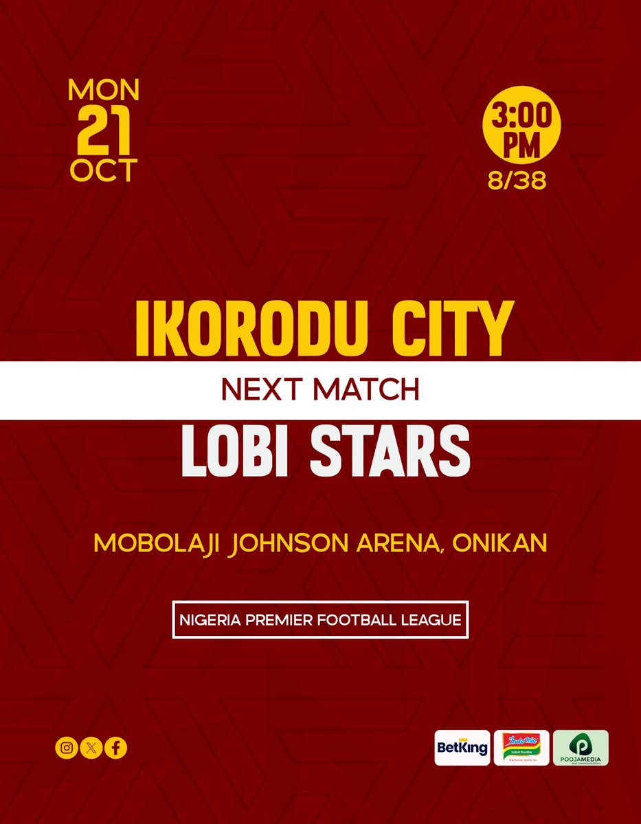 oneistvv's tweet photo. Ikorodu City vs Lobi Stars 

🔟 Oga Boys tickets for 🔟 people to watch the game on Monday in Lagos

How many goals has @IkoroduCityFC scored this season?

To win
• Follow
• Repost

#ISTV
#NPFLwithISTV
#NPFL25 https://t.co/OrTWa5sJkc