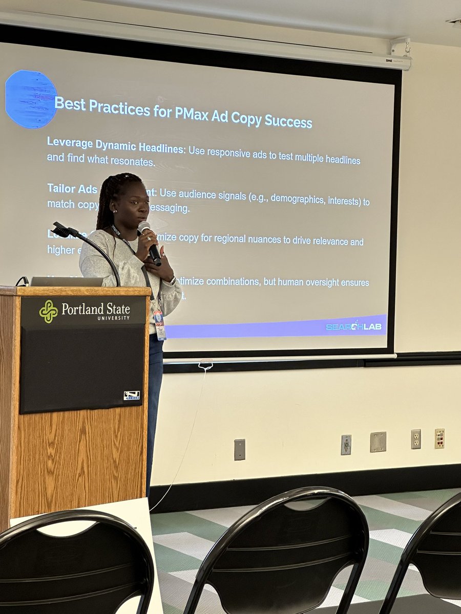 rollerblader's tweet photo. Susan schooling the room on PMAX!  Nice job, lots of tools to test, research, and measure.  #sempdx #seo #ppc https://t.co/DY350mLGwA