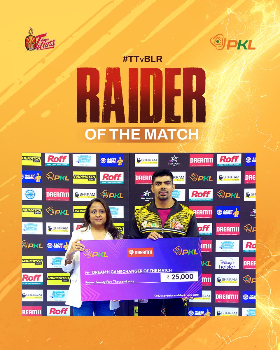 Telugu_Titans's tweet photo. With a Super 1๏ธโฃ0๏ธโฃ and 1200 total raid points, our #HiFlyer @pawan_kumar17 has been rewarded as the Raider of the Match for his extraordinary performance!๐คฉ ๐ฅ
#PawanSehrawat #TTvBLR #Raider #Prokabaddi #BattleOfBreath #LetsKabaddi #TeluguTitans #TitansArmy #KabaddiTime https://t.co/zZBenrCLj9