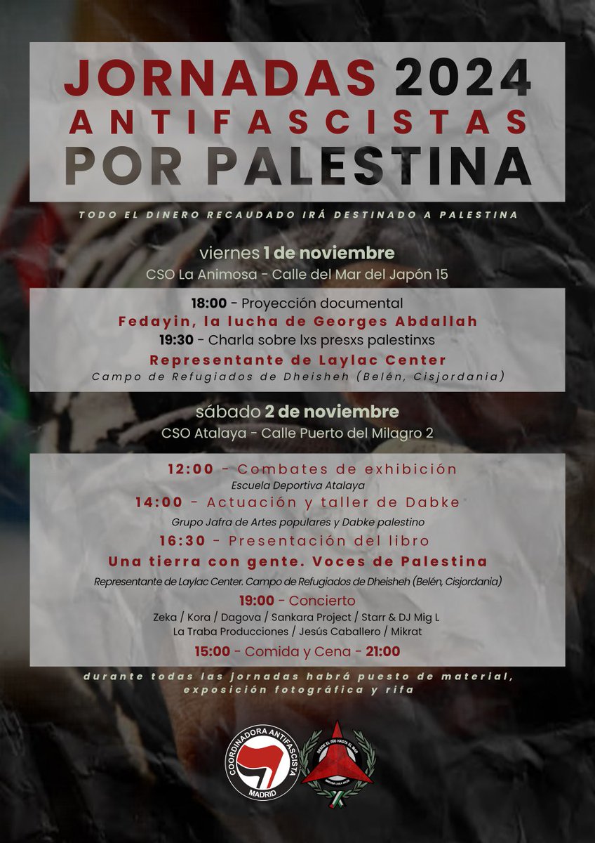 Resumen de las jornadas por Palestina que tendremos el 1 y 2 de noviembre, organizadas junto a la @brigada_lailajaled.

La semana que viene sacaremos los carteles específicos de cada día con todos los detalles y las papeletas de la rifa.

#JJAA2024 #freepalestine  #palestinalibre