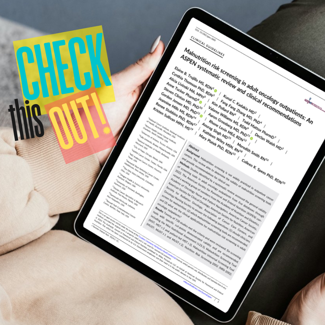 Check this out! Read this new review on malnutrition risk screening in adult oncology outpatients.

This effort was led by ON DPG member, Elaine Trujillo 

Click here: pubmed.ncbi.nlm.nih.gov/39412097/