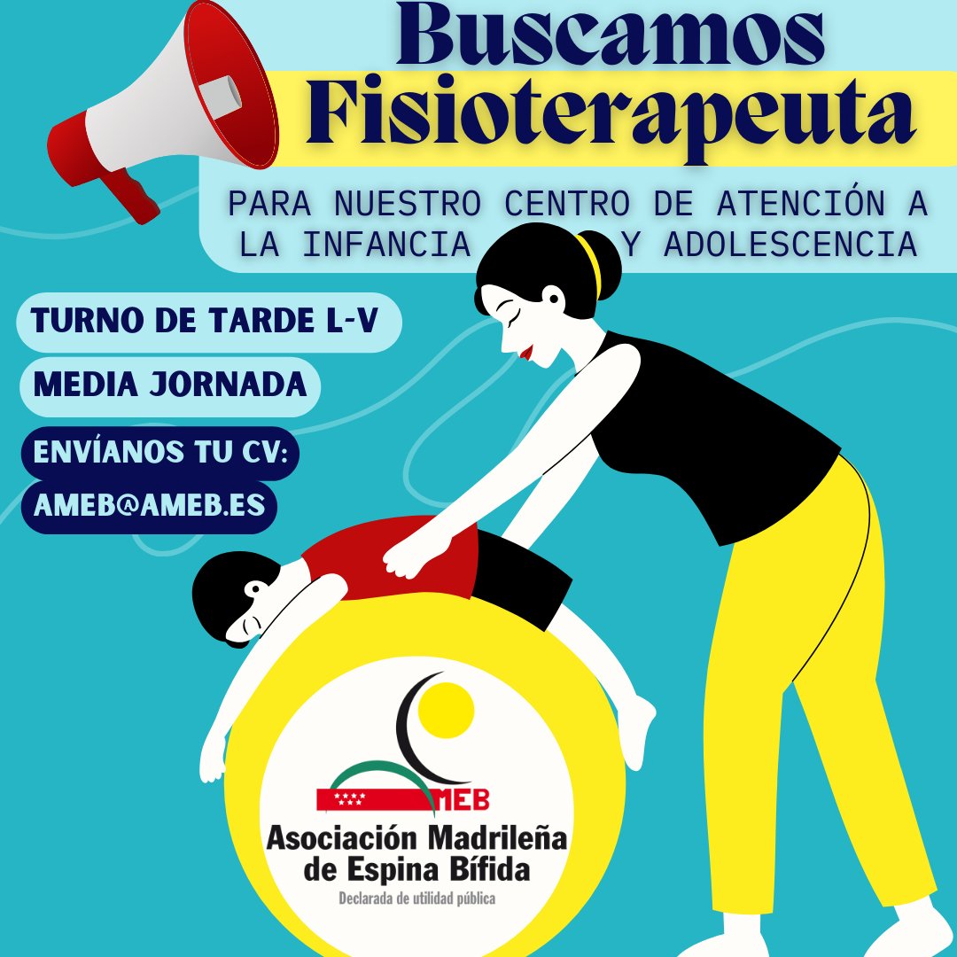 Buscamos fisioterapeuta para nuestro Centro de Atención a la Infancia y Adolescencia.

✅️ Salario s/convenio + mejoras
✅️ Incorporación inmediata
✅️ Contrato indefinido 
✅️ Ambiente de trabajo 🔝

Envía tu CV 👉ameb.es/ofertas-de-emp…

O difunde, porfa 🙏