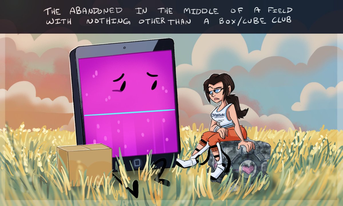 IceTheCatArtist's tweet image. &quot;The Abandoned in the Middle of a field with Nothing Other than a Box/Cube Club&quot;

[weird parallel I noticed and turned it into a crossover of sorts x&apos;D]

I guess the crackship name could be &apos;Teleportals&apos; x&apos;D
#inanimateinsanity #Portal2 #MePad #Box #Chell #CompanionCube