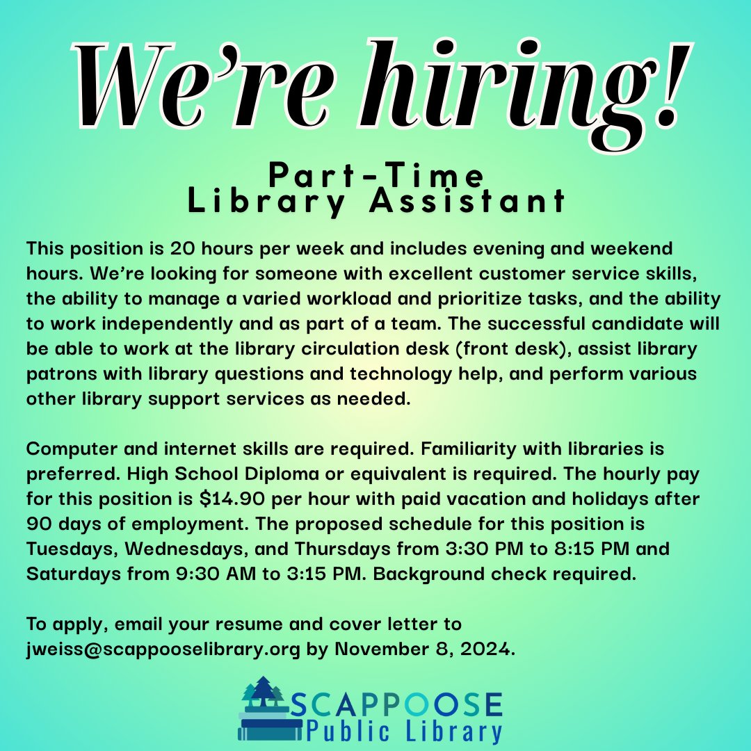 The Scappoose Public Library is now hiring a Part-Time Library Assistant!
