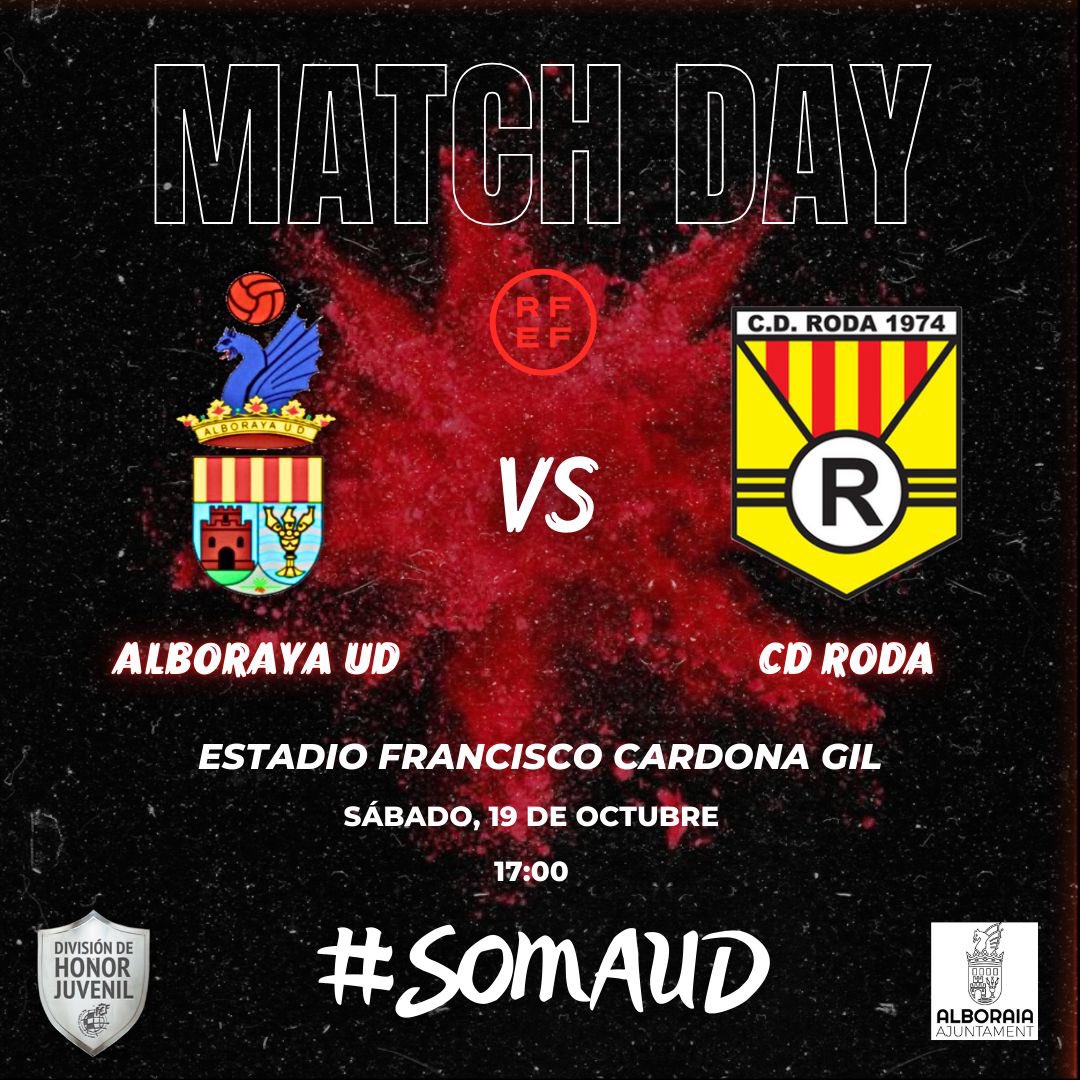 🗓 Sábado 19 de octubre a las 17:00

🏟 Estadio Municipal Francisco Cardona Gil de Alboraya 📍

🏆 #DivisióndeHonor #Juvenil🔝

⚔️ #AlborayaUD - #CDRoda 🔥

🔴⚫🌟 #Alborayanuncaserinde 
#somAUD #somdAlboraya
#Fútbol #Escuela #Equipo