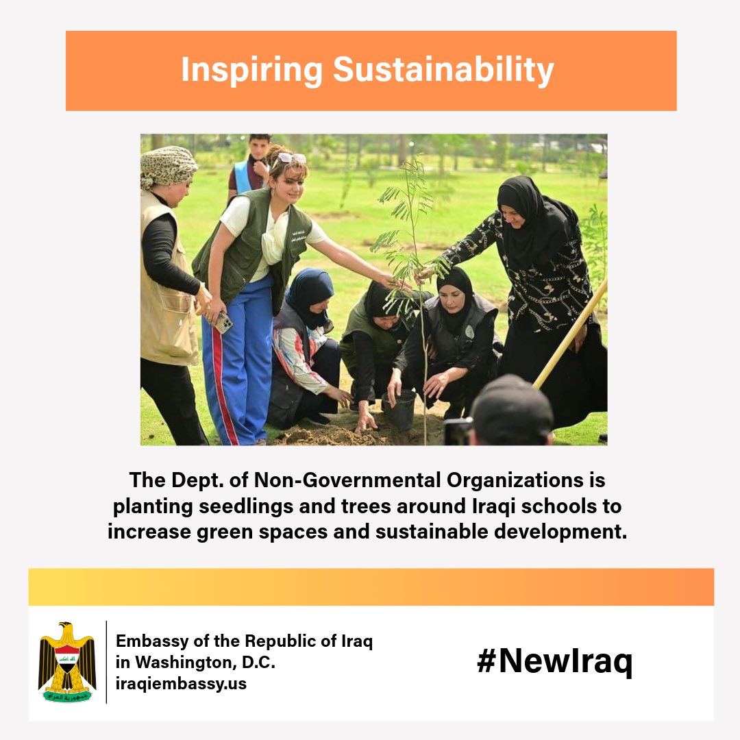 IraqinUSA's tweet photo. By planting seedlings 🌱 and trees 🌳 around #Iraqi 🇮🇶 schools, the Dept. of Non-Governmental Organizations is working to increase green spaces and sustainable development – and inspiring Iraqi youth to do the same #NewIraq  https://t.co/RPSgw85WBw https://t.co/wbekpvcZeF