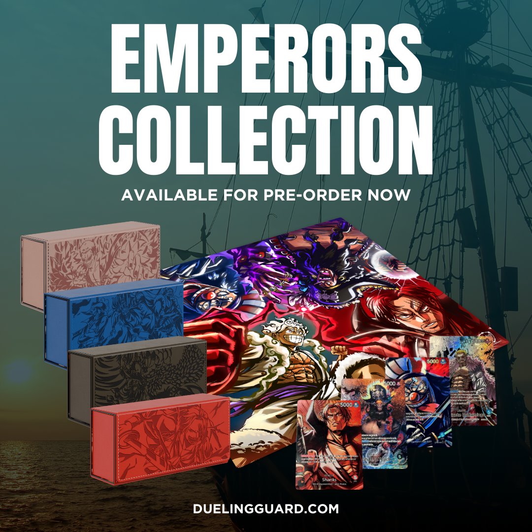 OrangeSamuraiD's tweet photo. @DuelingGuard 's The Emperor's Collection is now up for pre-order! Featuring 3 new deckbox designs, a returning one, matching custom leaders and a 2-Player stitched playmat.
Use code ORANGESAMURAI at checkout for 5% off your purchase.
Or use the link below
#DuelingGuard https://t.co/biBbfBcacT