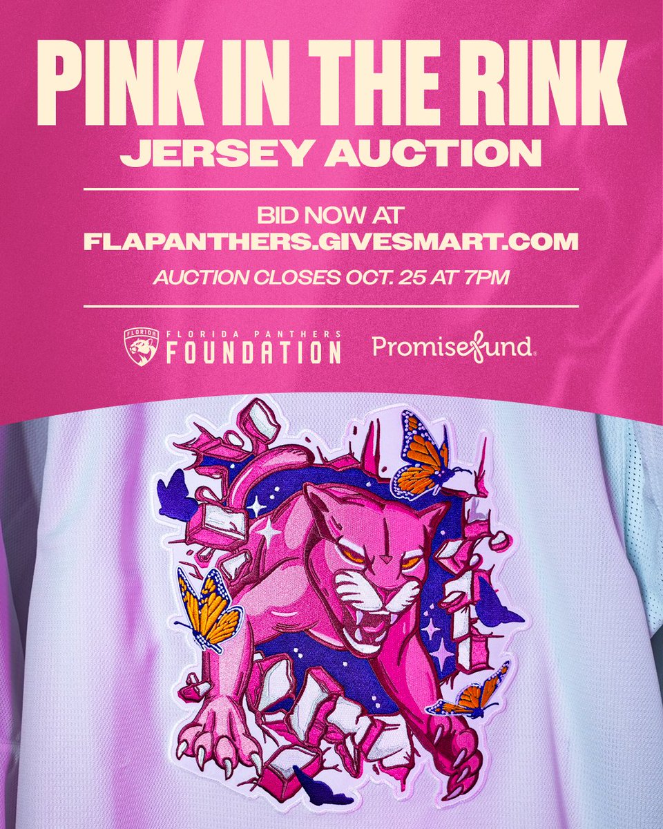 FlaPanthersCARE (@flapantherscare) on Twitter photo Our Pink in the Rink jersey could be yours 💗
Bid now on these one-of-a-kind jerseys signed by your favorite Panthers players! Auction closes October 25th at 7pm.
With all proceeds benefiting <a href="/ThePromiseFund/">Promise Fund</a>!
🗳️ » flapanthers.co/givesmart Our Pink in the Rink jersey could be yours 💗
Bid now on these one-of-a-kind jerseys signed by your favorite Panthers players! Auction closes October 25th at 7pm.
With all proceeds benefiting <a href="/ThePromiseFund/">Promise Fund</a>!
🗳️ » flapanthers.co/givesmart