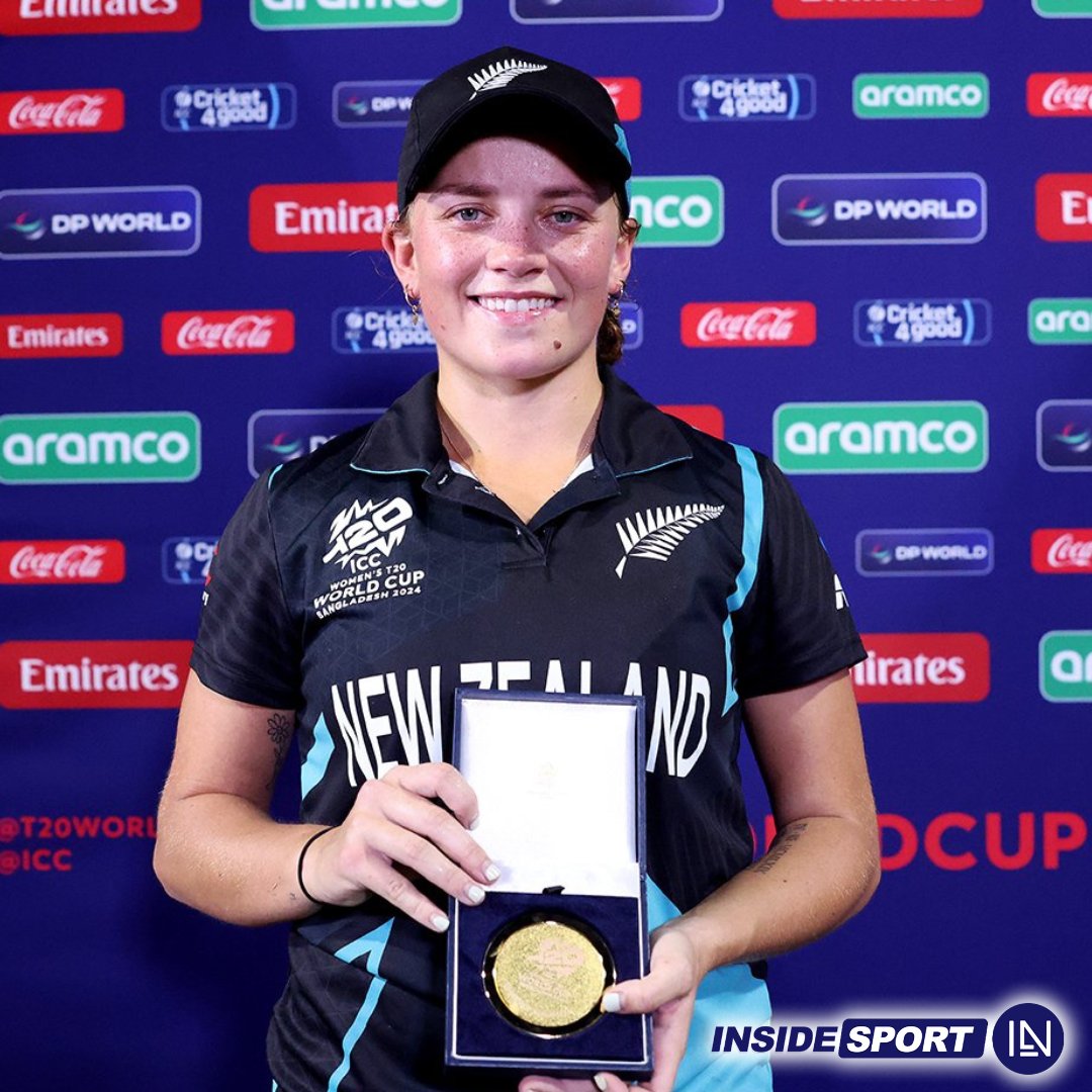 InsideSportIND's tweet photo. Eden Carson won Player of the Match for her exceptional spell of 3 for 29 against West Indies Women in the second semi-final 🏆
#T20WC2024 #EdenCarson #NewZealandCricket #POTM #Cricket https://t.co/1jd0vgvvLC