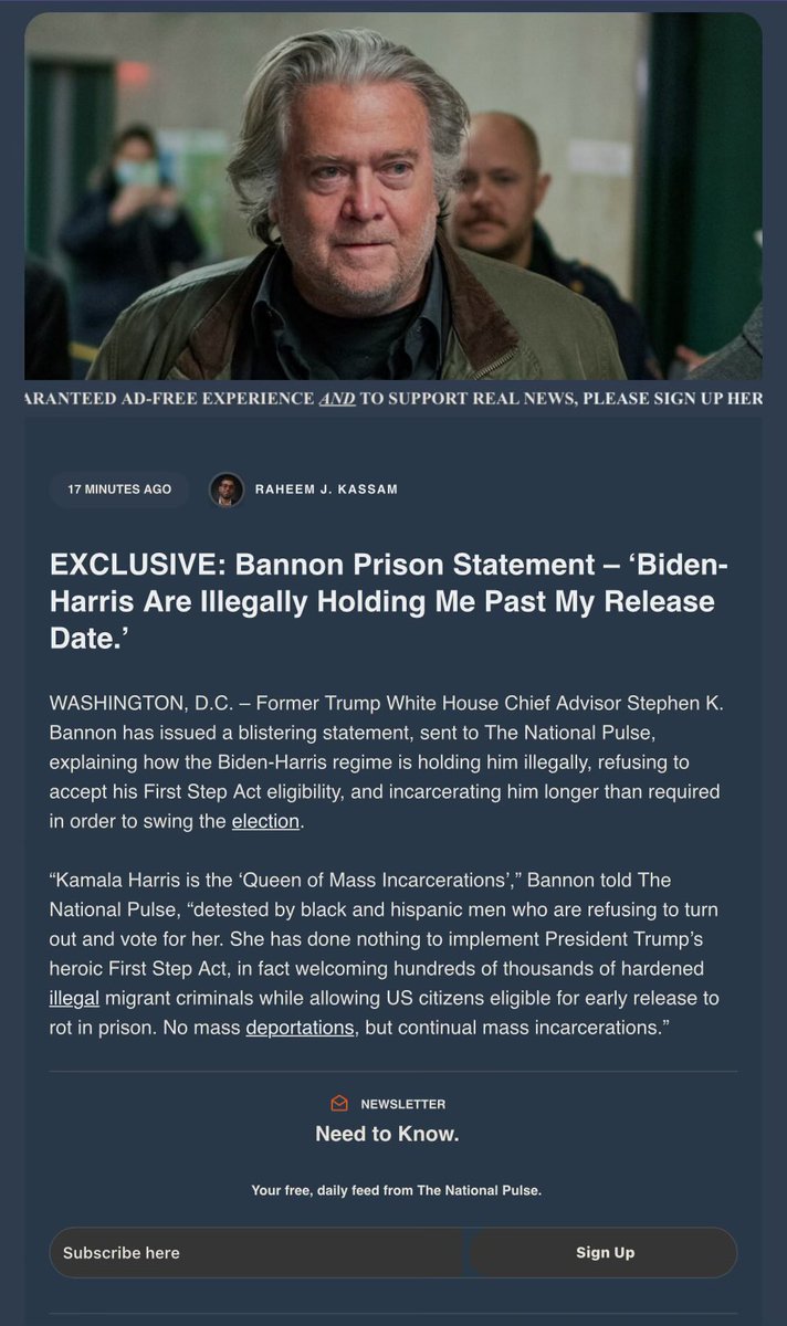 pepesgrandma's tweet photo. Huge! Bannon Prison Statement: “The Biden-Harris Admin Are Illegally Holding Me Past My Release Date.”

At this point, Bannon should be a free man, but is being held as a political prisoner to affect the election!! This is certainly worrisome!

“The Biden-Harris regime is holding him illegally, refusing to accept his First Step Act eligibility, and incarcerating him longer than required in order to swing the election.”

“The First Step Act passed in December 2018 aims to reform the federal prison system by reducing sentences for non-violent offenders and focusing on rehabilitation. A key provision allows inmates to earn time credits through participation in educational and vocational programs, potentially leading to early release into pre-release custody, such as halfway houses or home confinement. The law also expands compassionate release for elderly or terminally ill prisoners.”