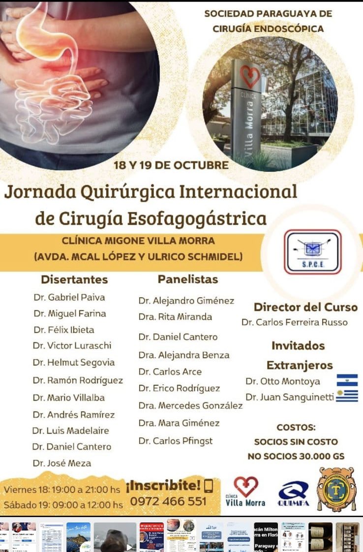 IsasiMara's tweet photo. Hoy 19 hs y mañana 9 hs!!
Jornada Quirúrgica Internacional de Cirugia Esofagogastrica  
Les esperamos!! 
#spce #sociedadparaguayadecirugiaendiscopica https://t.co/QF4eQt4xK4