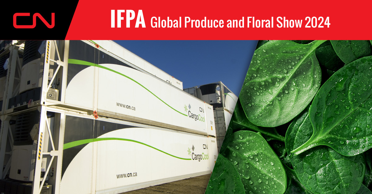 CNRailway's tweet photo. CN has one of the largest refrigerated container fleets in North America with end-to-end visibility for peace of mind. Meet CN’s #CargoCool team at the Global Produce & Floral Show to learn about CN’s industry-leading #ColdSupplyChain services for Canada, the U.S. and Mexico. https://t.co/200RDWs3Ef