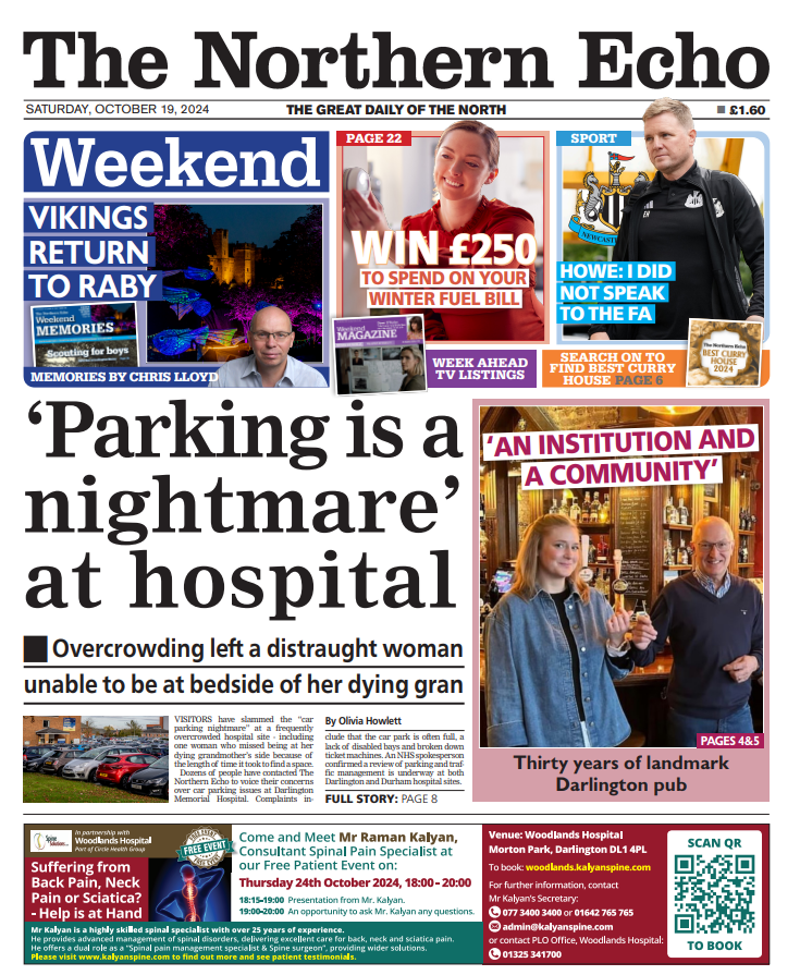 Nick Gullon (@echonickg) on Twitter photo Your weekend <a href="/TheNorthernEcho/">The Northern Echo</a> 🗞️
🚗Parking nightmare at Darlington hospital as woman misses her gran's final moments <a href="/OliviaHowlett_/">Olivia Howlett</a>
🍻Celebrating 30 years of Number Twenty 2
⚽️Howe: I did not speak to FA for England job <a href="/Scottwilsonecho/">Scott Wilson</a>
📜Echo Memories <a href="/Echochrislloyd/">Chris Lloyd</a> Your weekend <a href="/TheNorthernEcho/">The Northern Echo</a> 🗞️
🚗Parking nightmare at Darlington hospital as woman misses her gran's final moments <a href="/OliviaHowlett_/">Olivia Howlett</a>
🍻Celebrating 30 years of Number Twenty 2
⚽️Howe: I did not speak to FA for England job <a href="/Scottwilsonecho/">Scott Wilson</a>
📜Echo Memories <a href="/Echochrislloyd/">Chris Lloyd</a>