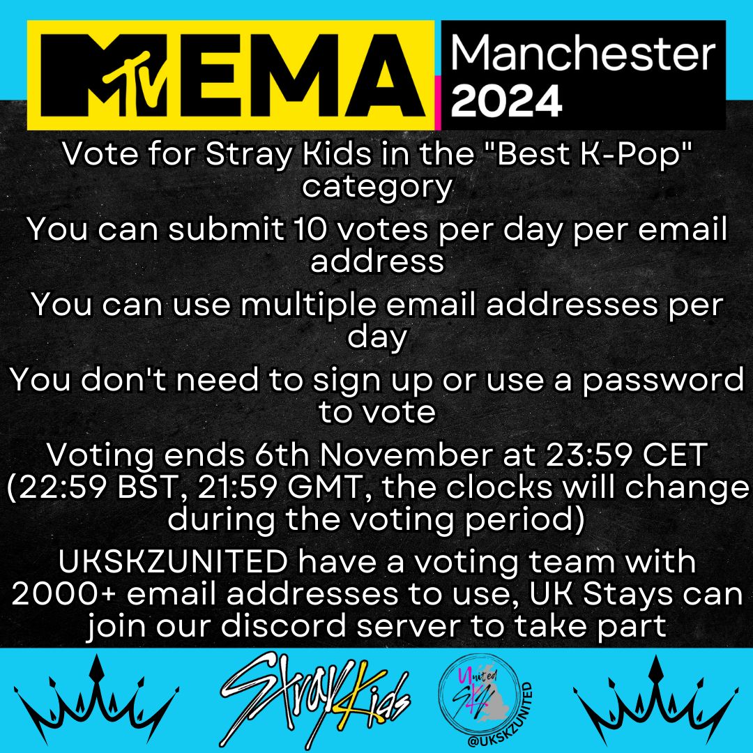 skzchartsuk's tweet photo. Here are 3 ongoing votes for @Stray_Kids to complete today!

🔲Vote 10x Stray Kids Best K-Pop @mtvema
🔲Vote skz for Fan's Choice @MnetMAMA on the MNET+ app
🔲Retweet this post for another vote for MAMA Awards
🔲Collect red chamsim in IdolChamp for AAA

#2024MAMAVOTE
#StrayKids https://t.co/1xLvxmFCvt